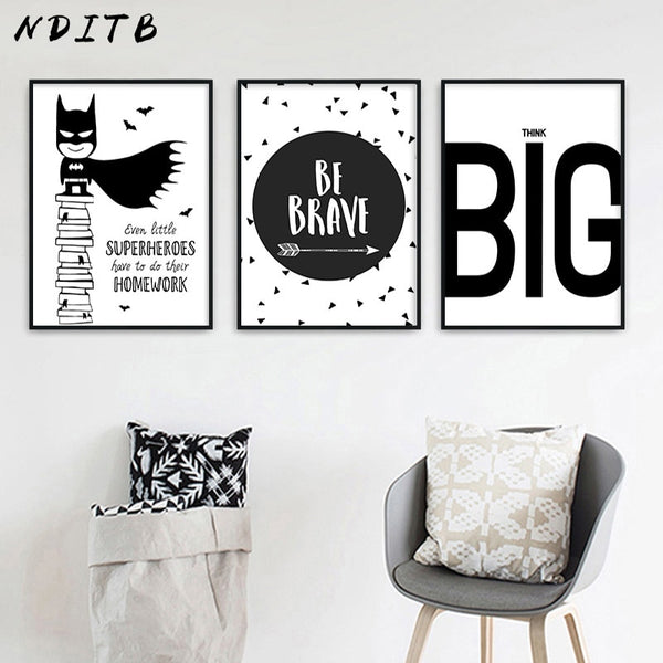 NDITB Cartoon Superhero Batman Quotes Comic Canvas Art Poster Black White Nursery Print Painting Wall Picture for Kids Bedroom