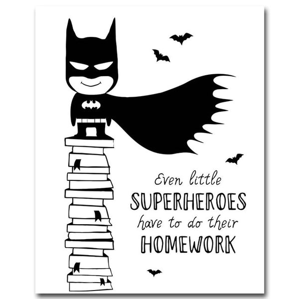 NDITB Cartoon Superhero Batman Quotes Comic Canvas Art Poster Black White Nursery Print Painting Wall Picture for Kids Bedroom