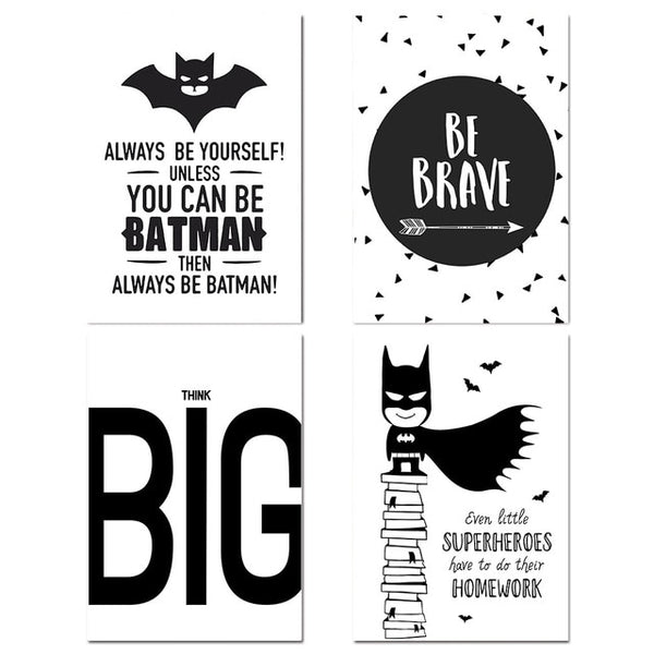 NDITB Cartoon Superhero Batman Quotes Comic Canvas Art Poster Black White Nursery Print Painting Wall Picture for Kids Bedroom