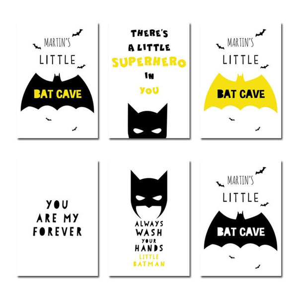 NDITB Custom Name Posters Baby Nursery Wall Art Canvas Painting Cartoon Batman Mask Prints Nordic Kids Decoration Pictures