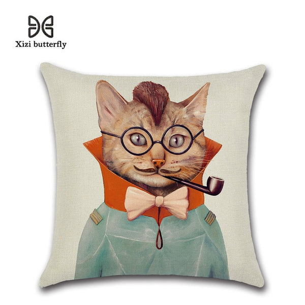 Animal Mr.Cat Famliy Printed Pillow Case Cushion Cotton Linen Cartoon Throw Pillow Cover for Home Office Hotel Coussin 45*45 CM
