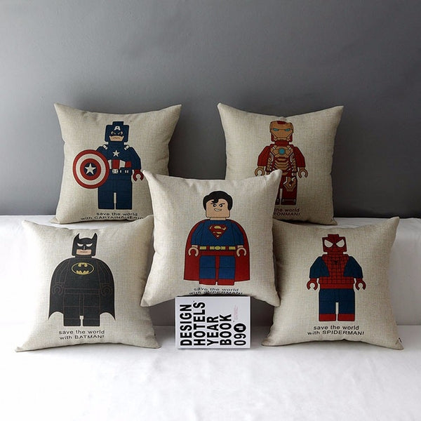 Superman Spiderman Batman Robot Ironman Decorative Throw Pillows Cotton Linen Chair Seat Cushion Cover Pillow Cases for Sofa