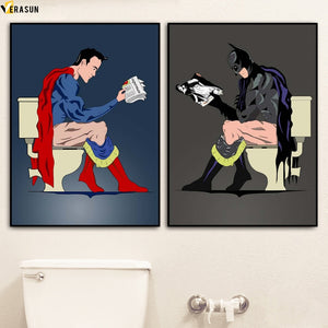 Superhero Superman Batman Toilet Bathroom Wall Art Canvas Painting Nordic Posters And Prints Wall Pictures For Living Room Decor