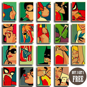 Retro wall sticker Secret Lives of Superheroes poster funny batman spiderman superman hulk interested wall art posters