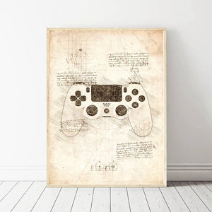 Da Vinci Inspired Sketches PlayStation 4 Gamepad Art Canvas Poster Prints Home Wall Decor Painting