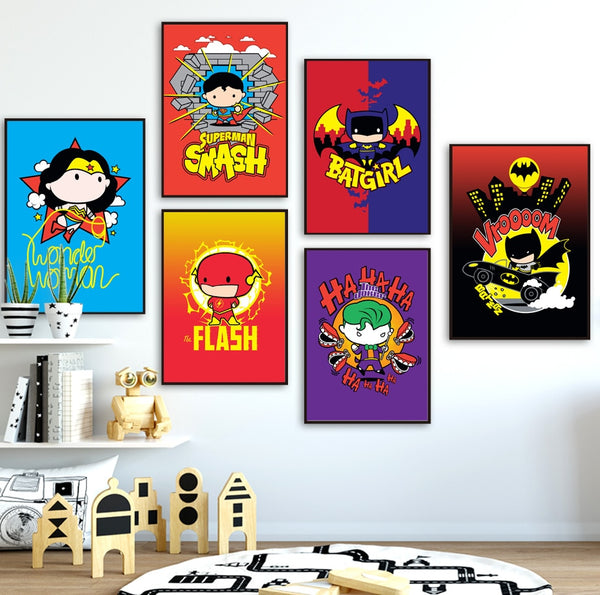 Anime Batman Superman Wonder Woman The Flash Wall Art Canvas Painting Nordic Posters And Prints Wall Pictures Kids Room Decor